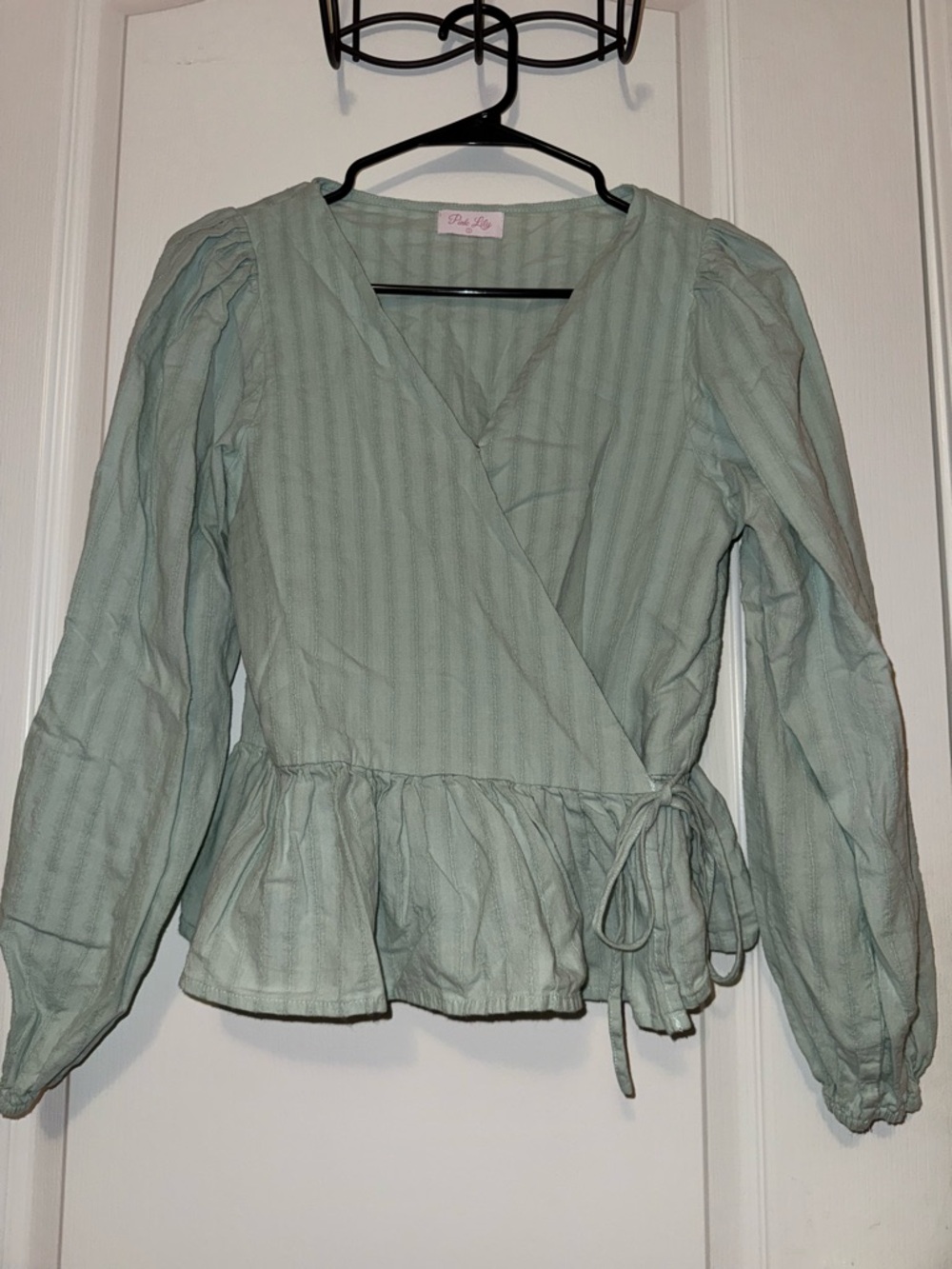 Pink Lily Sage Green Wrap Peplum Blouse
